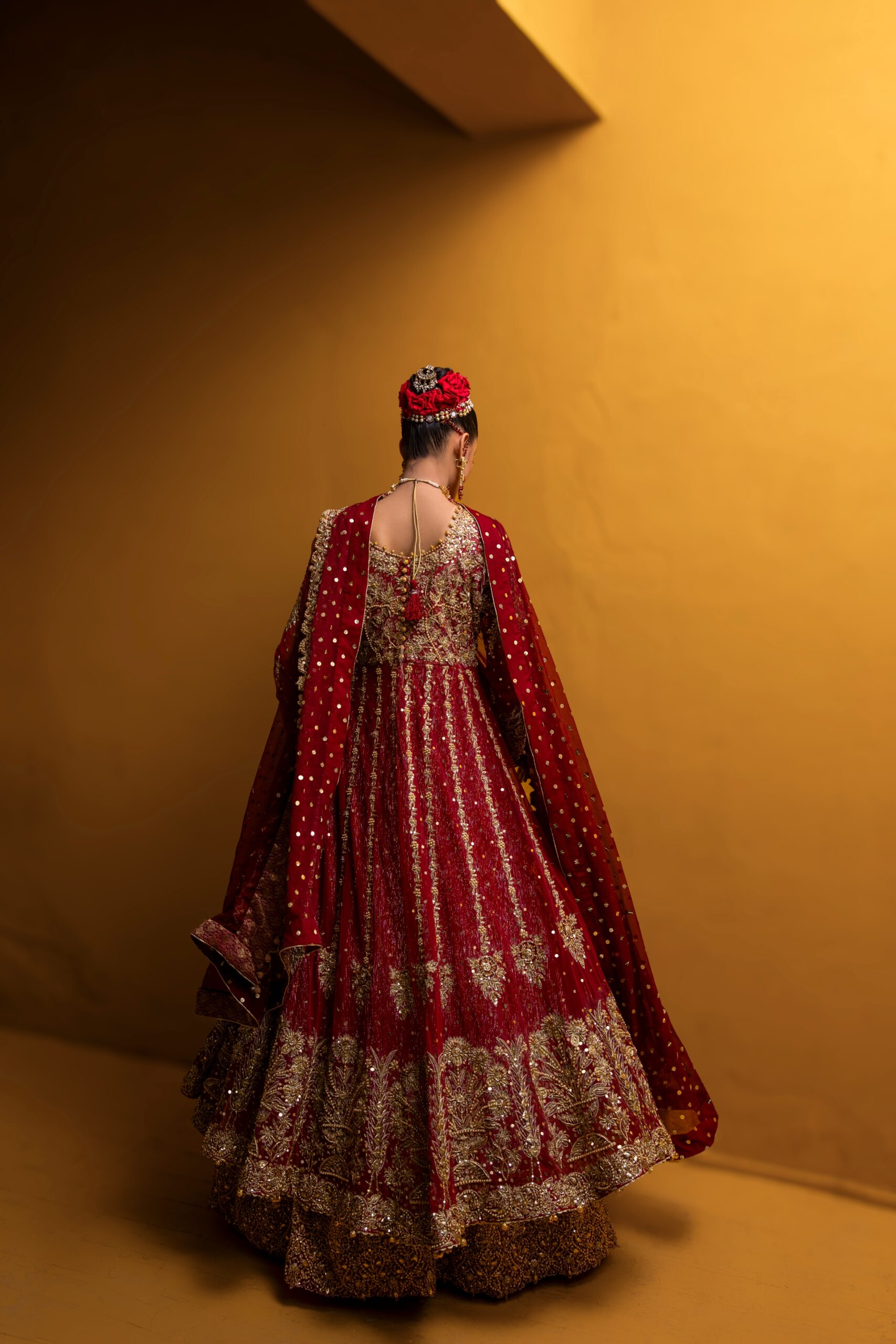 Maroonish Red Embroidered Net Bridal Lehenga (3-Piece) - Image 14