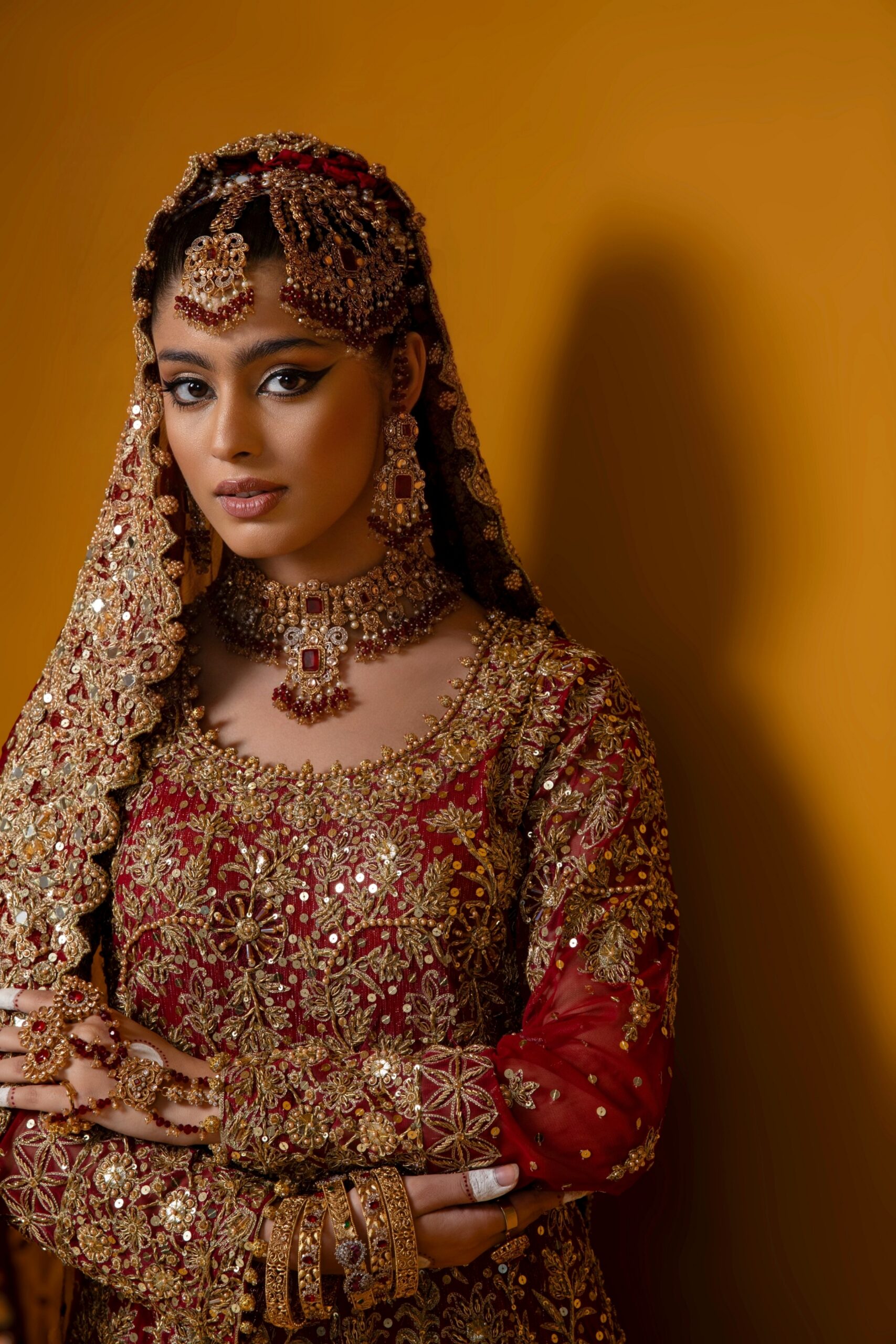 Maroonish Red Embroidered Net Bridal Lehenga (3-Piece) - Image 2