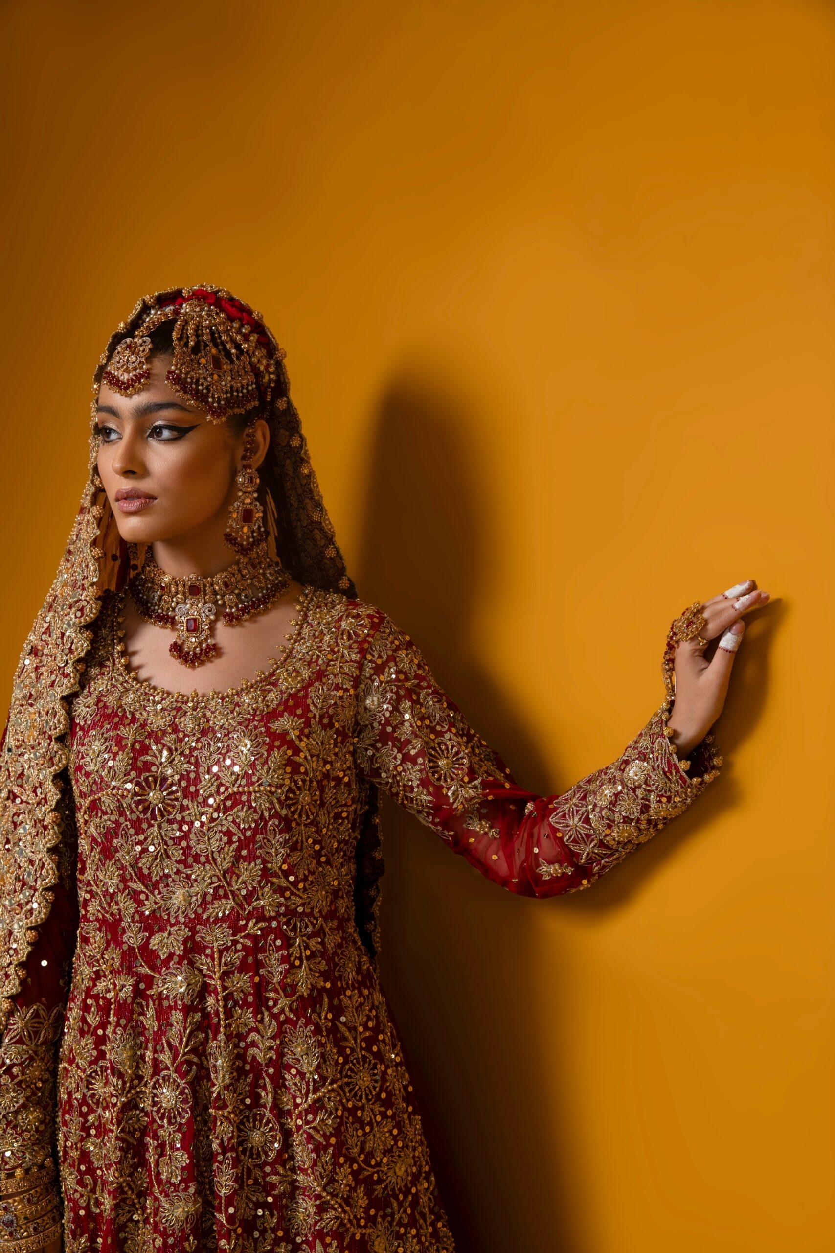 Maroonish Red Embroidered Net Bridal Lehenga (3-Piece) - Image 3