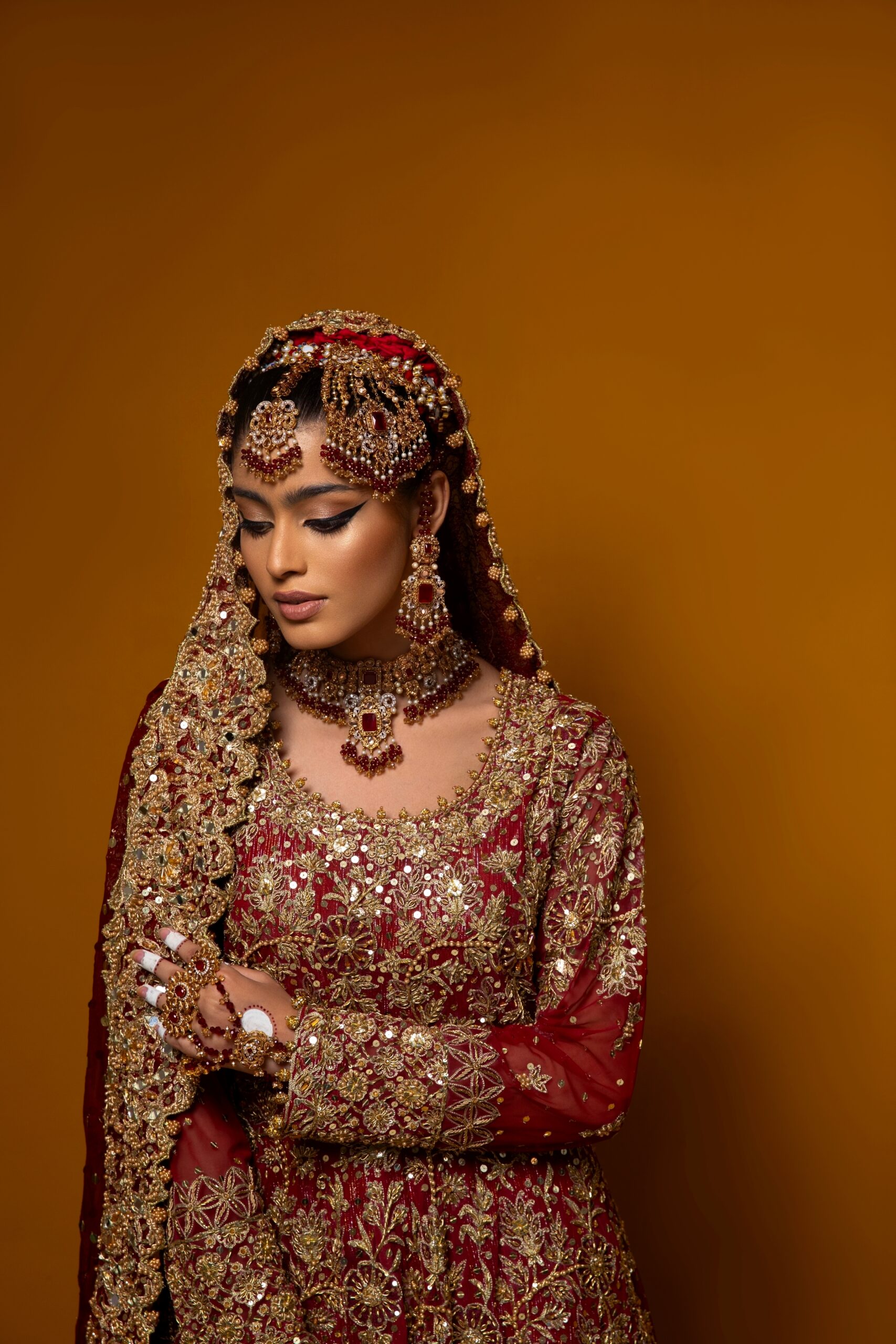 Maroonish Red Embroidered Net Bridal Lehenga (3-Piece) - Image 4