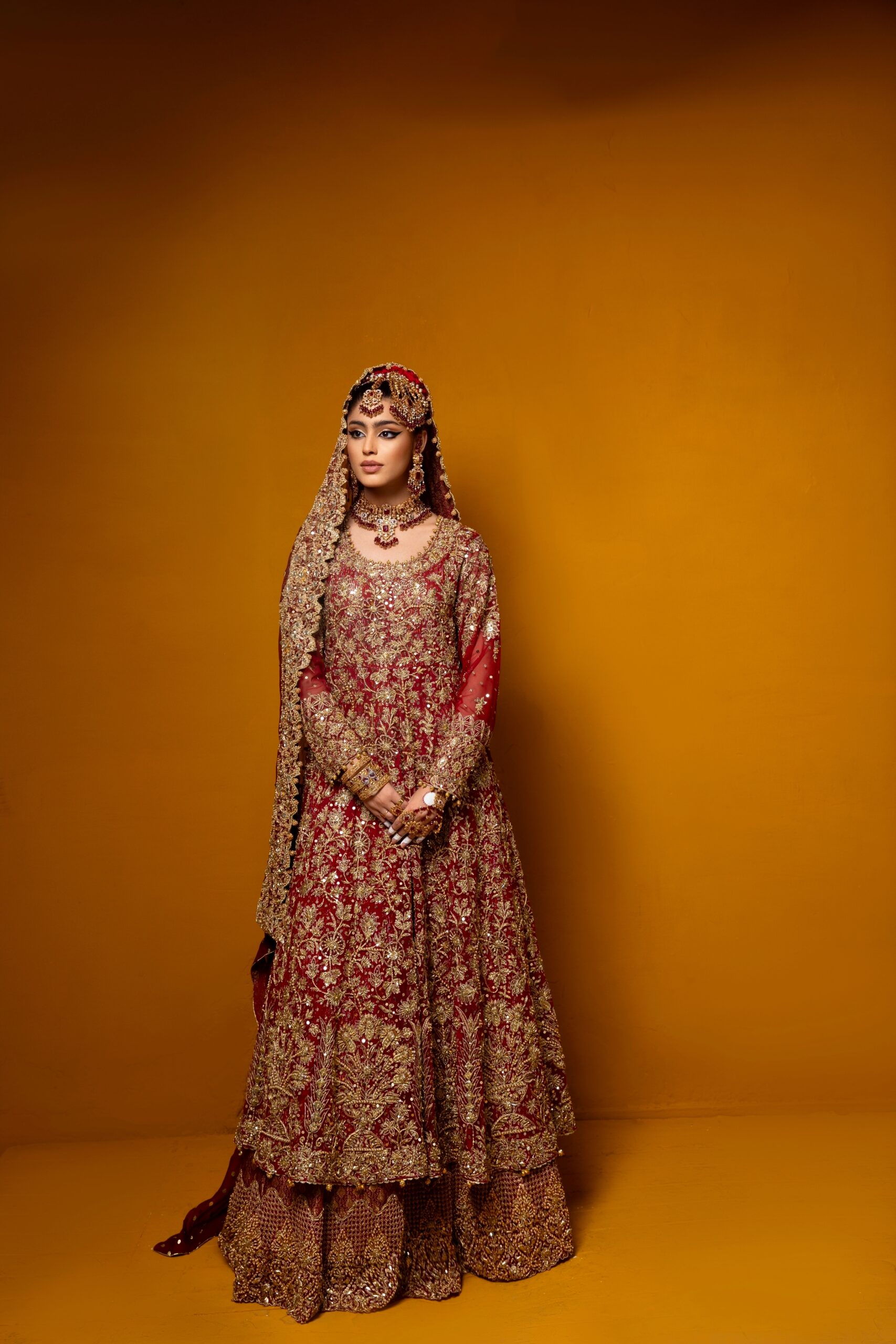 Maroonish Red Embroidered Net Bridal Lehenga (3-Piece) - Image 5