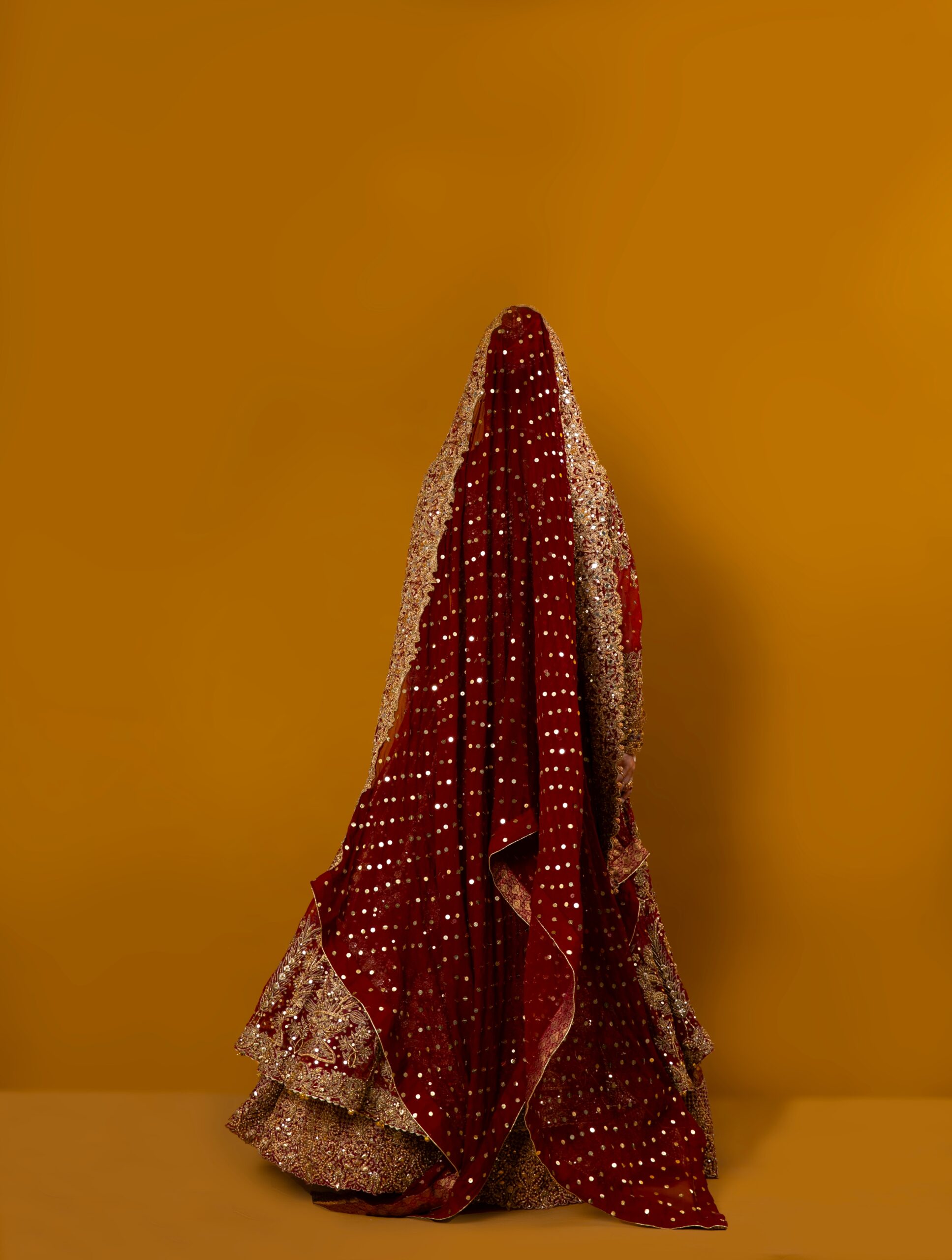 Maroonish Red Embroidered Net Bridal Lehenga (3-Piece) - Image 6