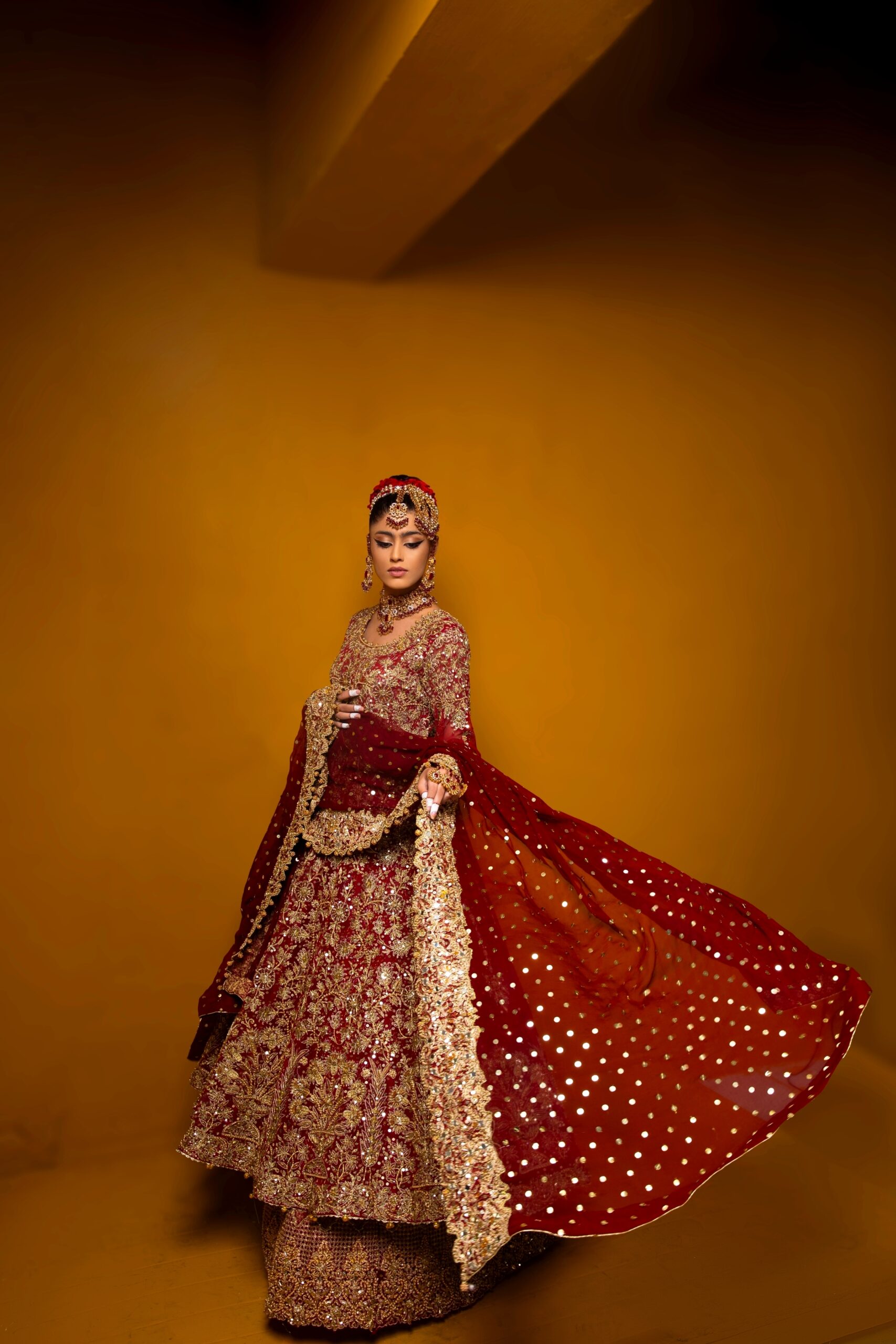 Maroonish Red Embroidered Net Bridal Lehenga (3-Piece) - Image 7