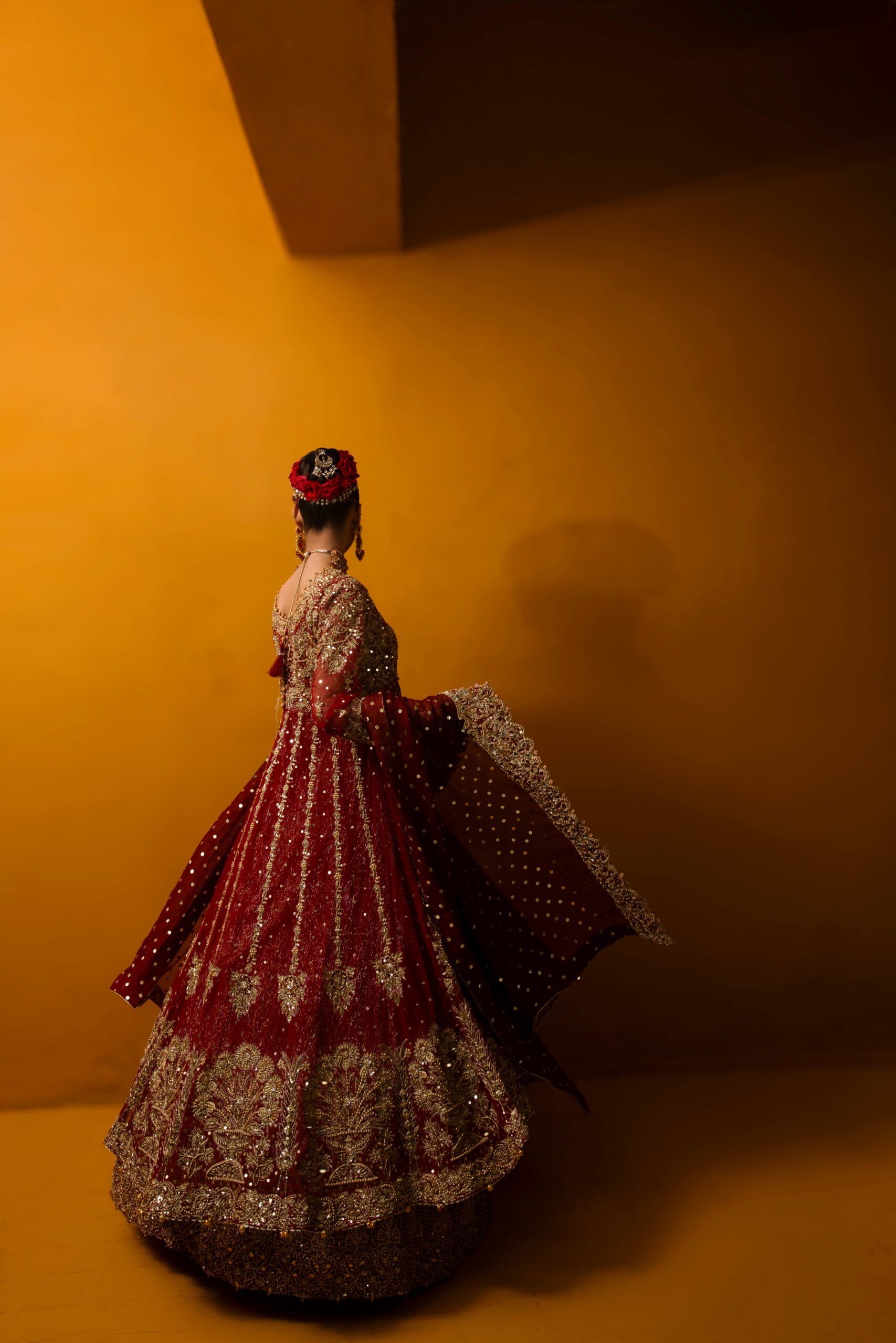 Maroonish Red Embroidered Net Bridal Lehenga (3-Piece) - Image 8