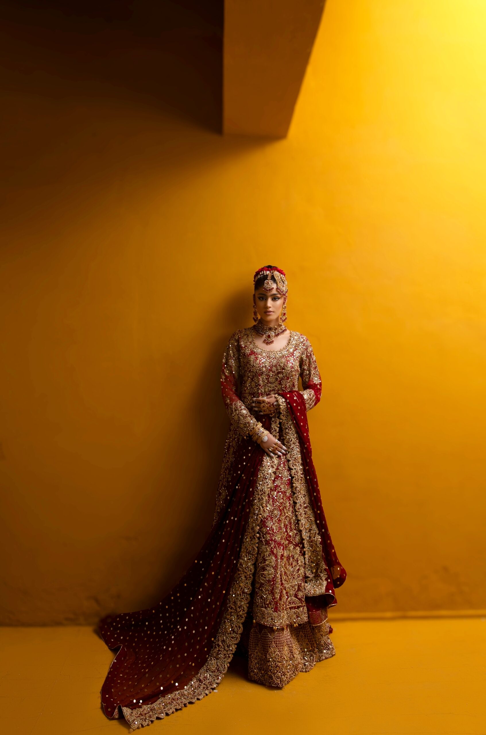 Maroonish Red Embroidered Net Bridal Lehenga (3-Piece) - Image 9