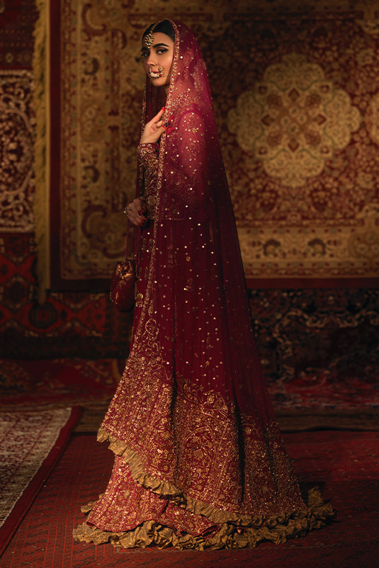 Deep Crimson Maroon Zardozi Net Lehenga Choli (3-Piece) - Image 1