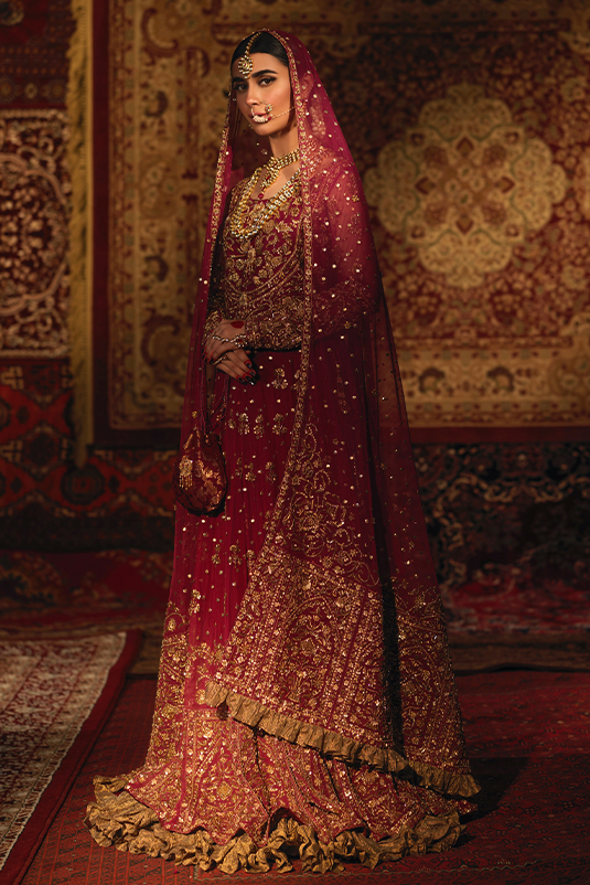 Deep Crimson Maroon Zardozi Net Lehenga Choli (3-Piece) - Image 3