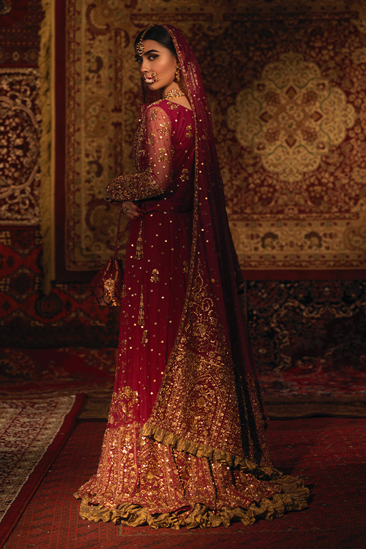 Deep Crimson Maroon Zardozi Net Lehenga Choli (3-Piece) - Image 5
