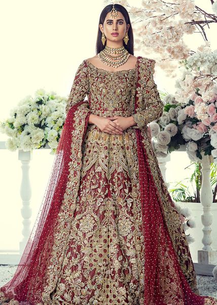 Deep Maroon Embroidered Net Bridal Lehenga (3-Piece) - Image 2