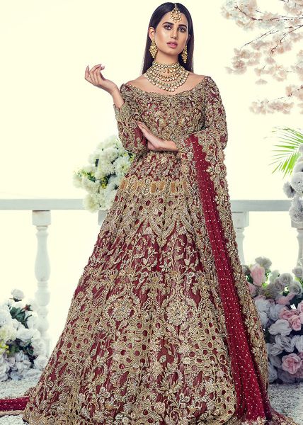 Deep Maroon Embroidered Net Bridal Lehenga (3-Piece) - Image 4