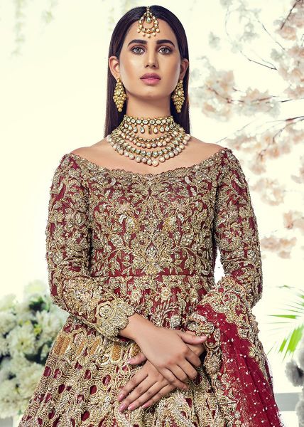 Deep Maroon Embroidered Net Bridal Lehenga (3-Piece) - Image 5