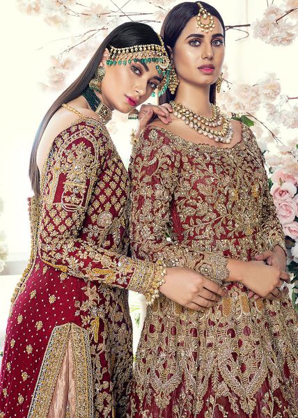 Deep Maroon Embroidered Net Bridal Lehenga (3-Piece) - Image 6