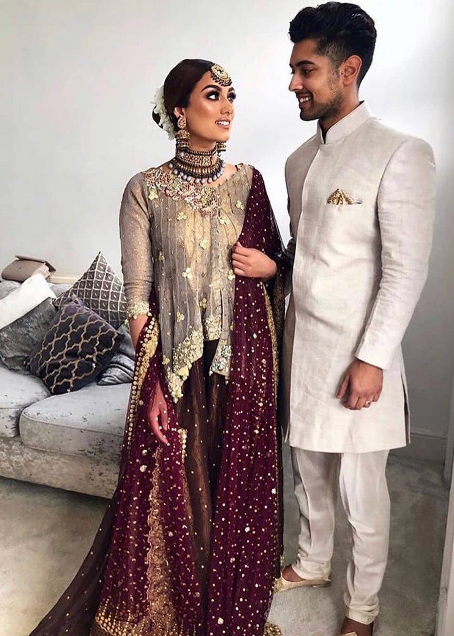 Antique Gold Maroon Embroidered Bridal Lehenga (3-Piece) - Image 1