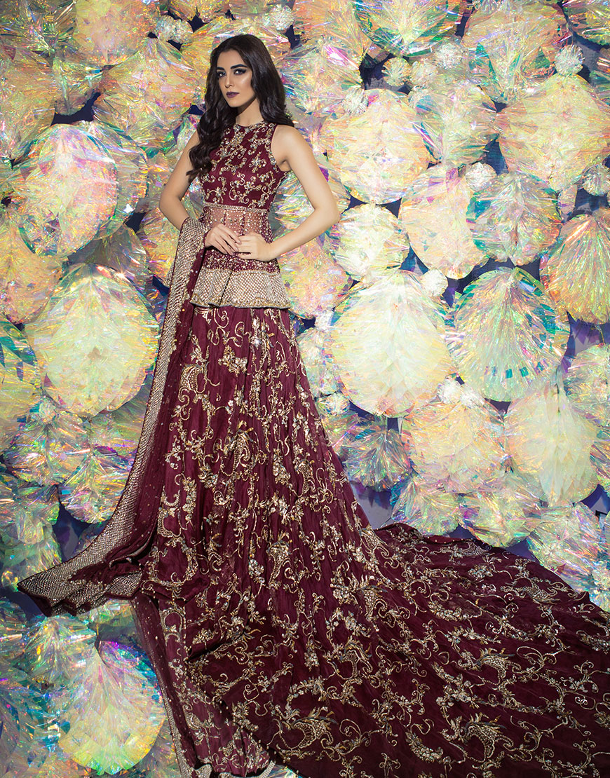 Deep Maroon Embroidered Net Peplum Lehenga (3-Piece) - Image 1