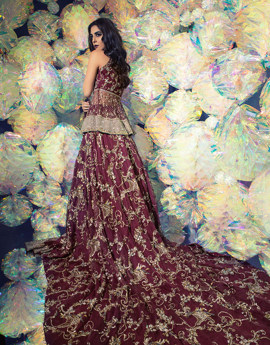 Deep Maroon Embroidered Net Peplum Lehenga (3-Piece) - Image 2