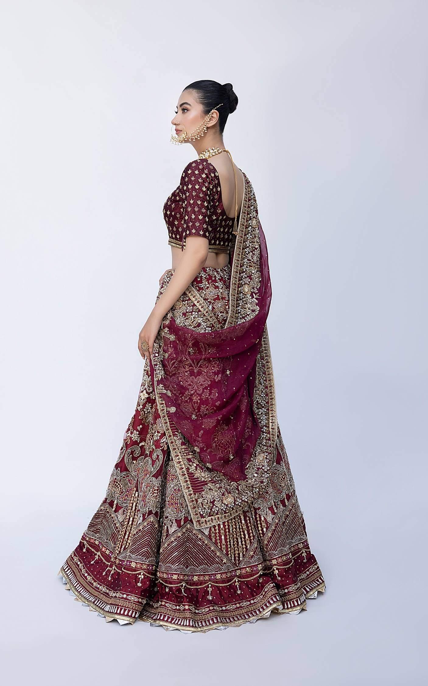 Pakistani Deep Maroon Embroidered Net Bridal Lehenga (3-Piece) - Image 10