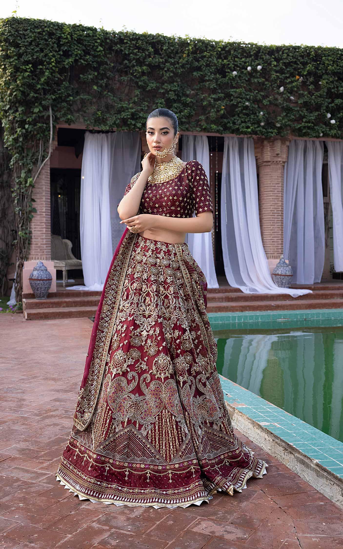 Pakistani Deep Maroon Embroidered Net Bridal Lehenga (3-Piece) - Image 2