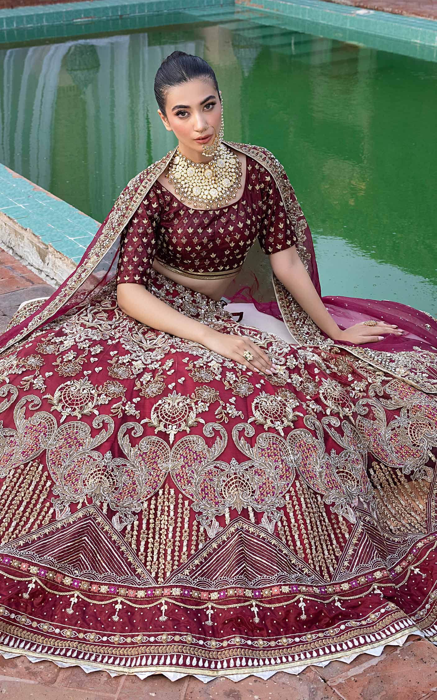 Pakistani Deep Maroon Embroidered Net Bridal Lehenga (3-Piece) - Image 4