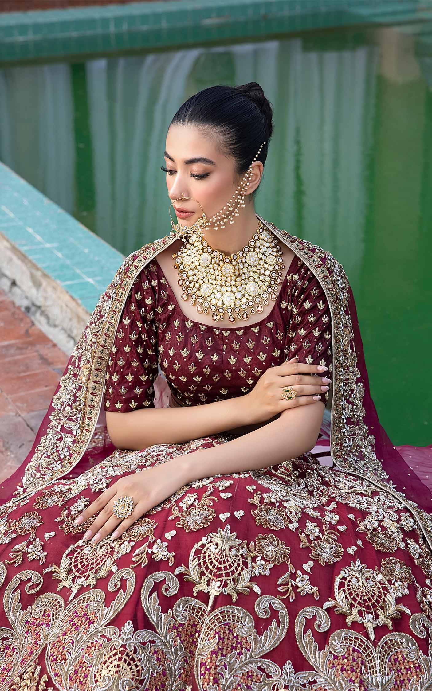 Pakistani Deep Maroon Embroidered Net Bridal Lehenga (3-Piece) - Image 5