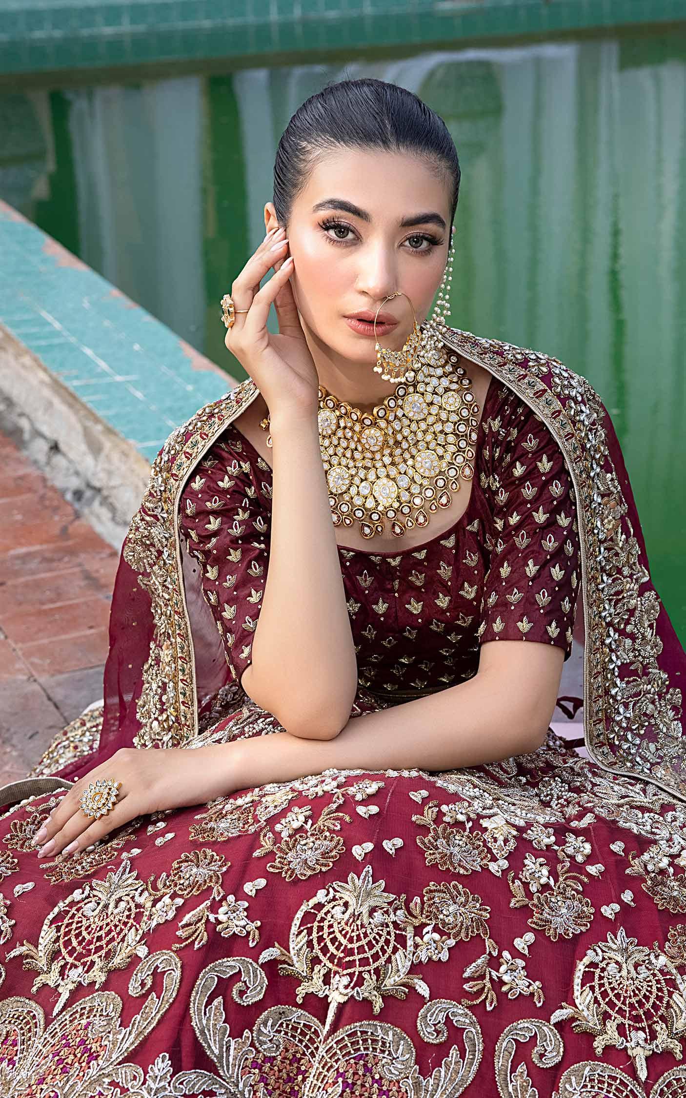 Pakistani Deep Maroon Embroidered Net Bridal Lehenga (3-Piece) - Image 6