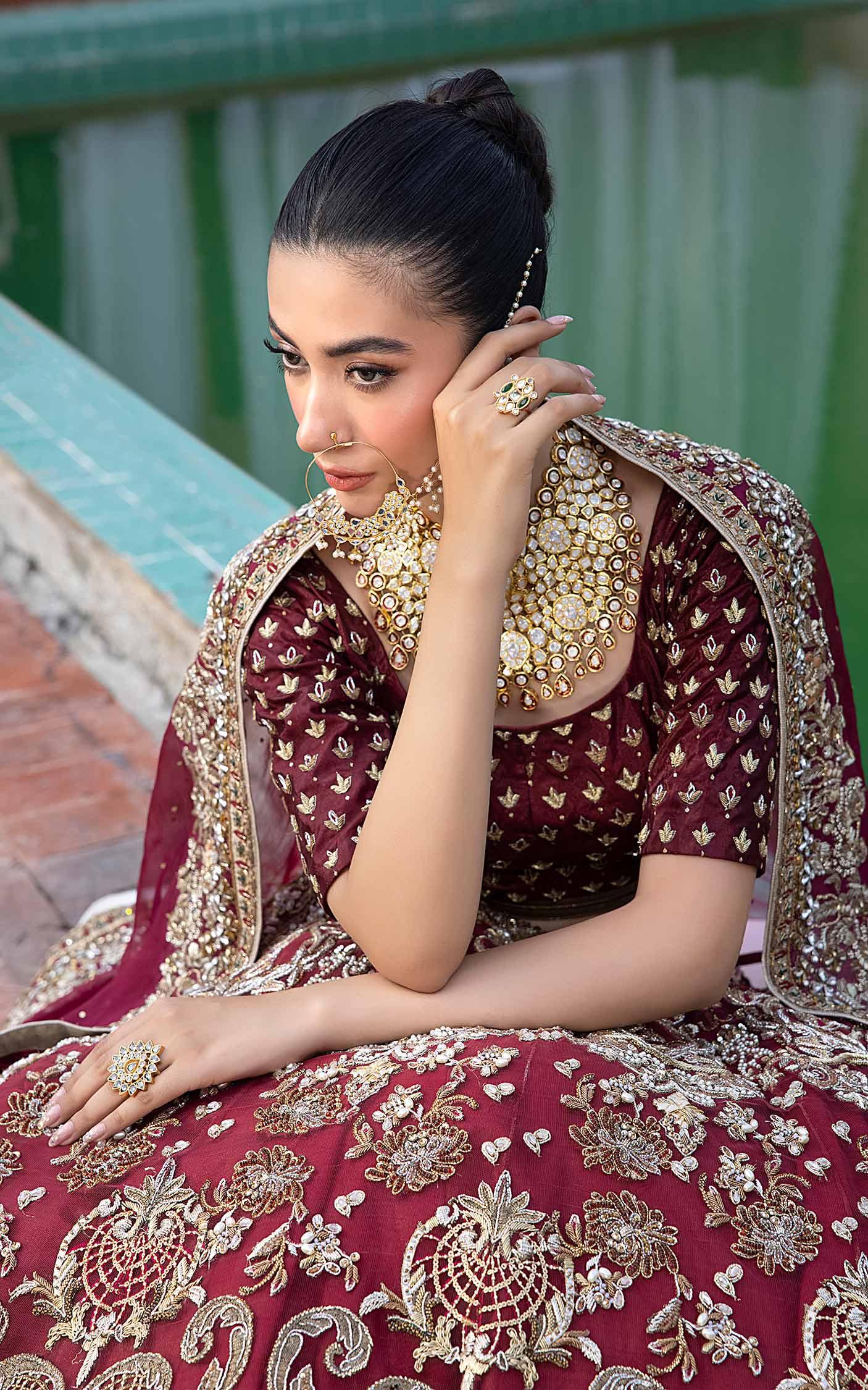 Pakistani Deep Maroon Embroidered Net Bridal Lehenga (3-Piece) - Image 7