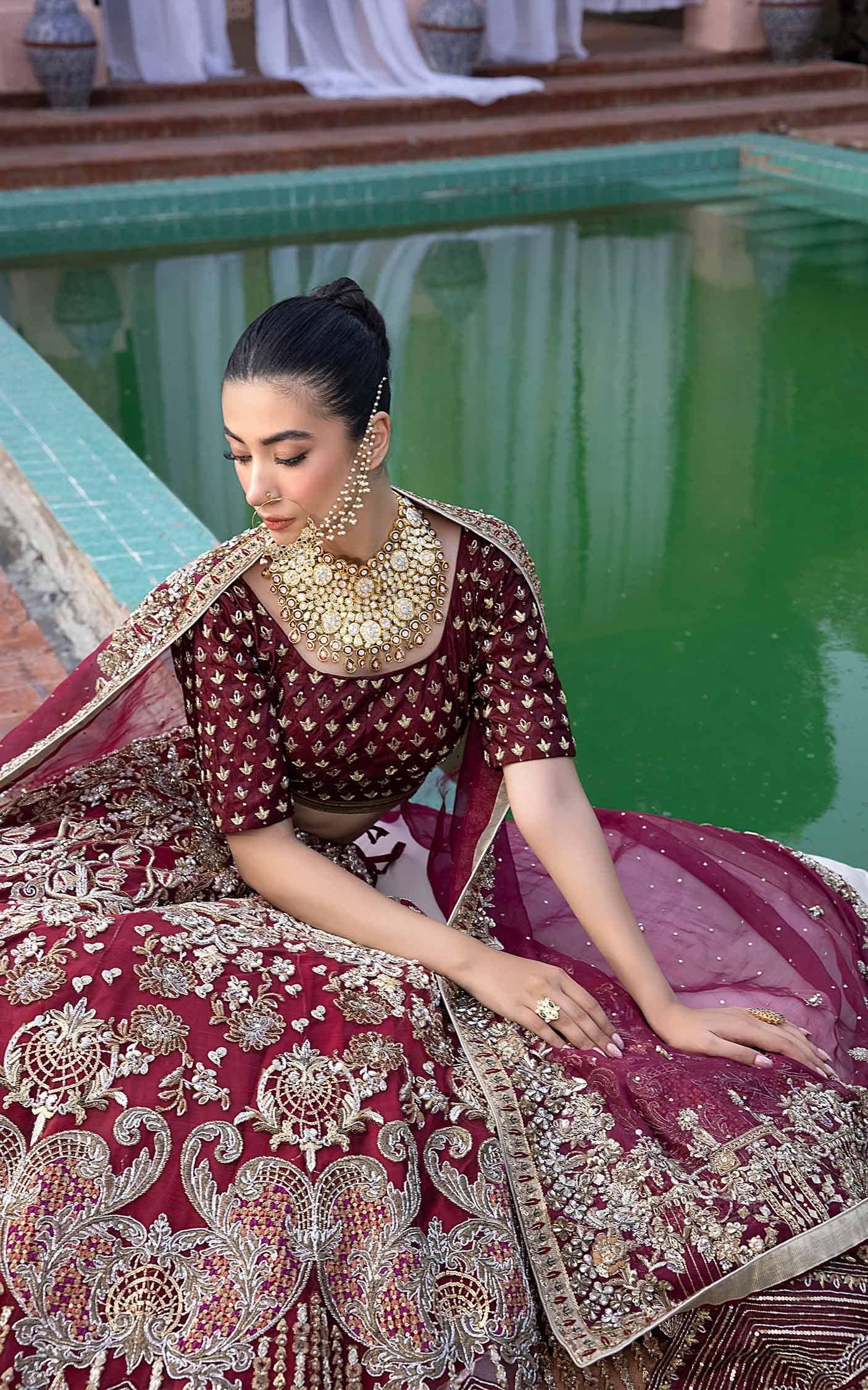 Pakistani Deep Maroon Embroidered Net Bridal Lehenga (3-Piece) - Image 8