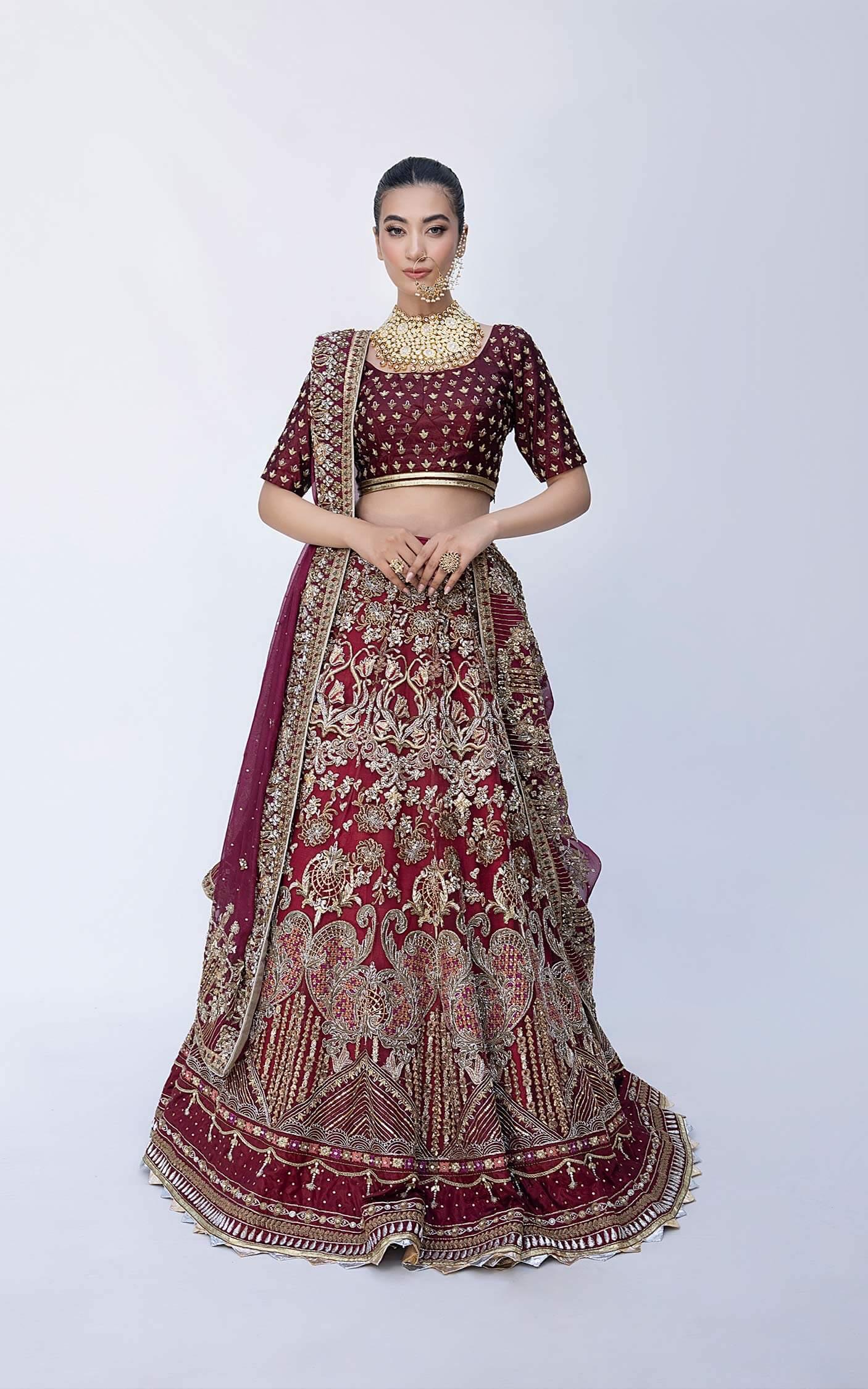 Pakistani Deep Maroon Embroidered Net Bridal Lehenga (3-Piece) - Image 9
