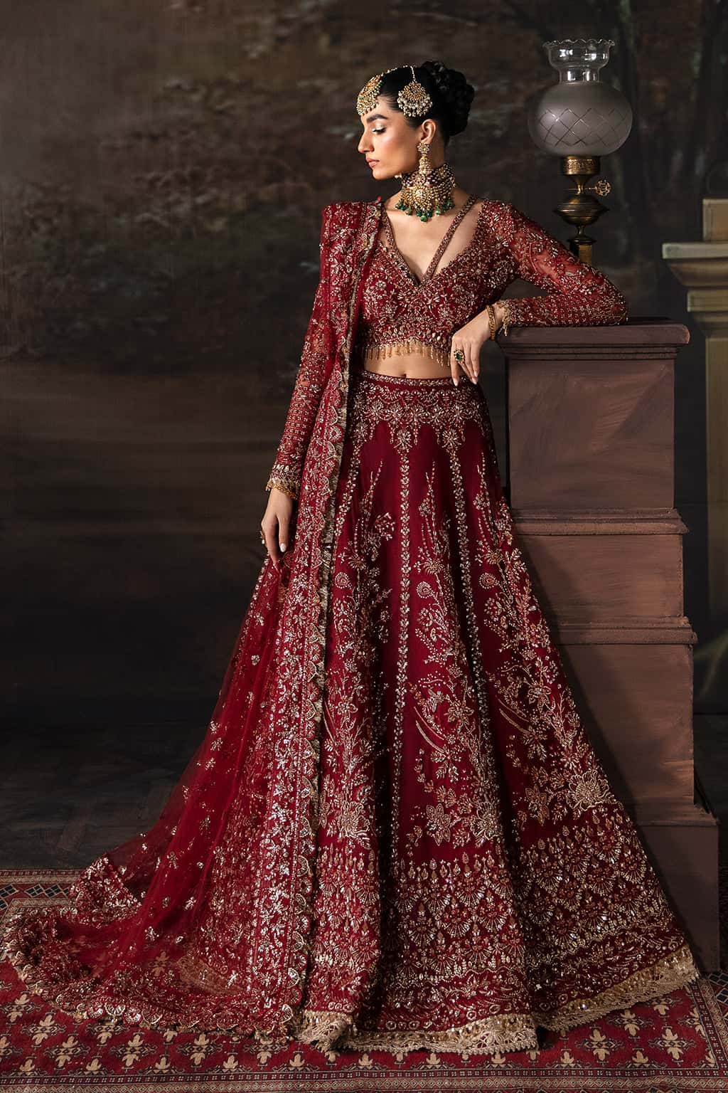 Maroon Hand-Embellished Net Bridal Lehenga (3-Piece) - Image 1