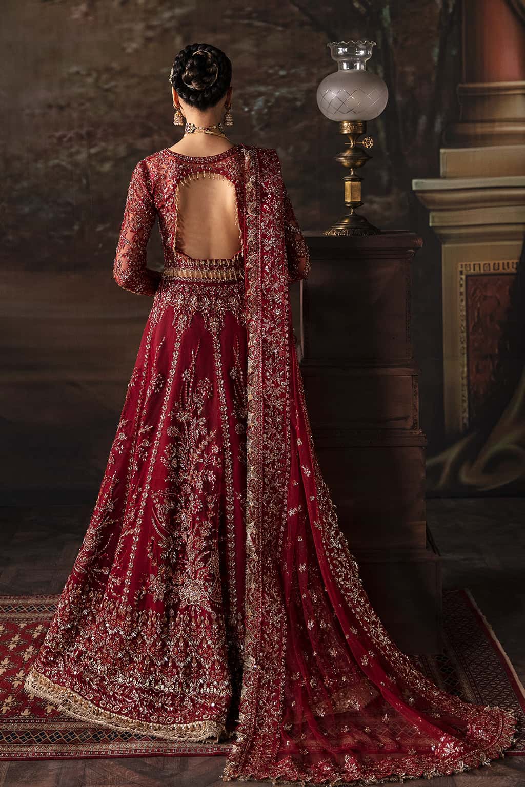 Maroon Hand-Embellished Net Bridal Lehenga (3-Piece) - Image 2