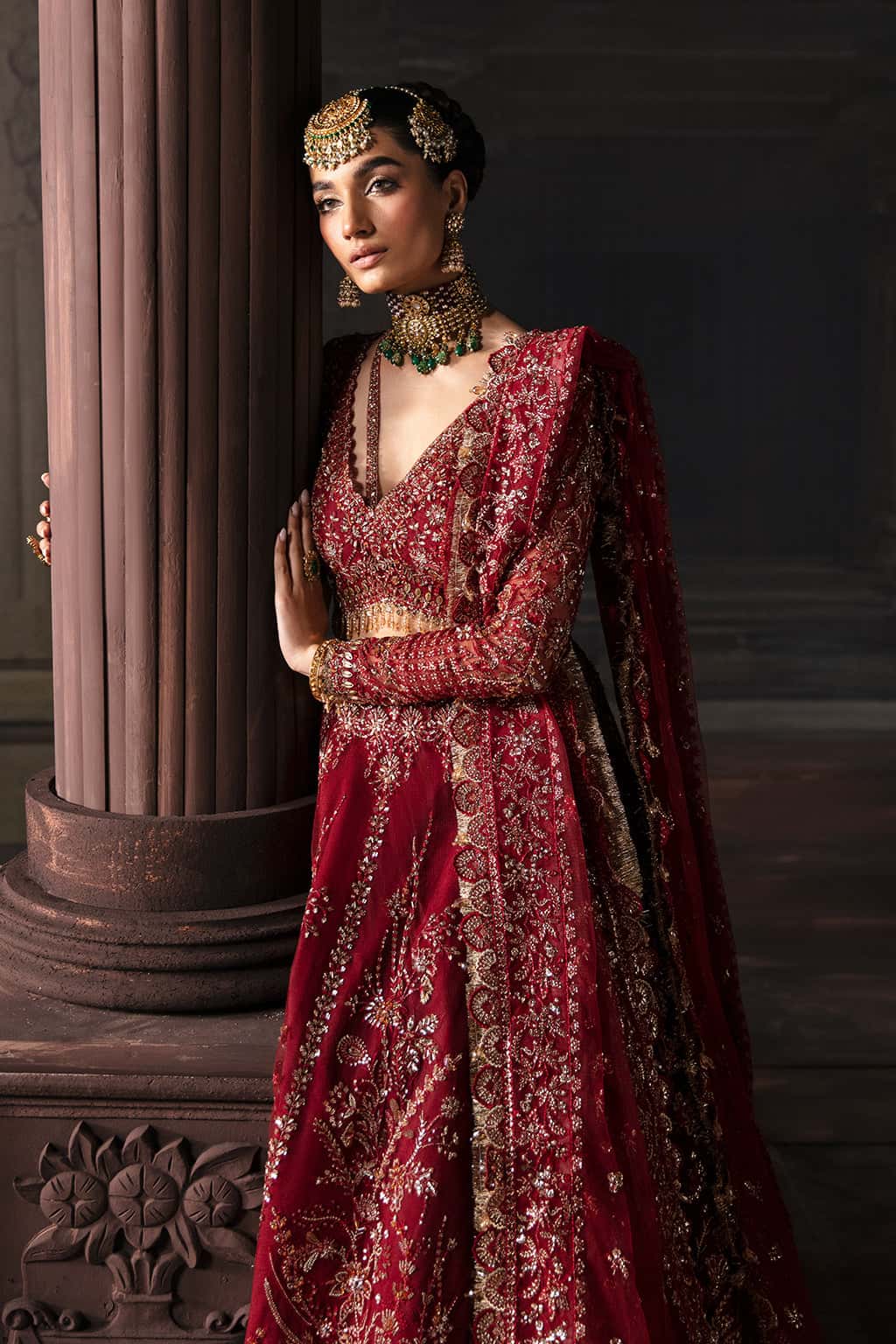 Maroon Hand-Embellished Net Bridal Lehenga (3-Piece) - Image 3