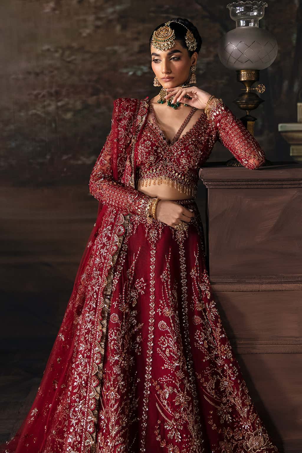 Maroon Hand-Embellished Net Bridal Lehenga (3-Piece) - Image 4
