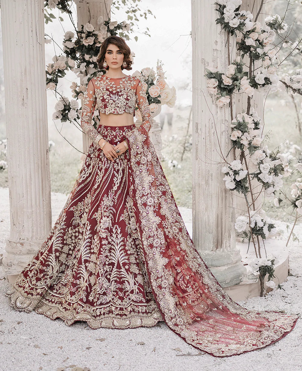 Deep Maroon Embroidered Net Lehenga Choli (3-Piece) - Image 1