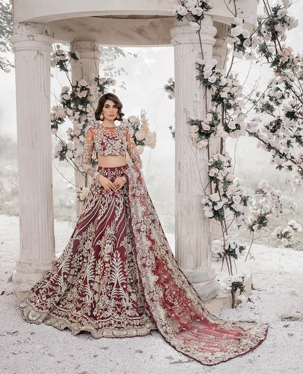 Deep Maroon Embroidered Net Lehenga Choli (3-Piece) - Image 2