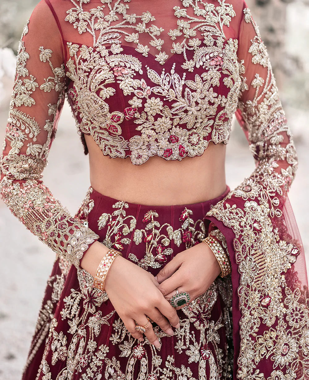 Deep Maroon Embroidered Net Lehenga Choli (3-Piece) - Image 3