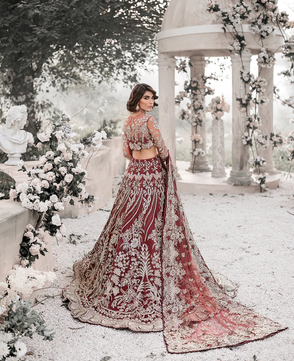 Deep Maroon Embroidered Net Lehenga Choli (3-Piece) - Image 4