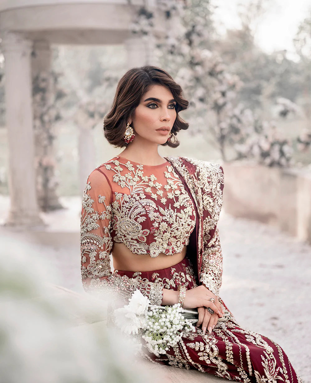 Deep Maroon Embroidered Net Lehenga Choli (3-Piece) - Image 5