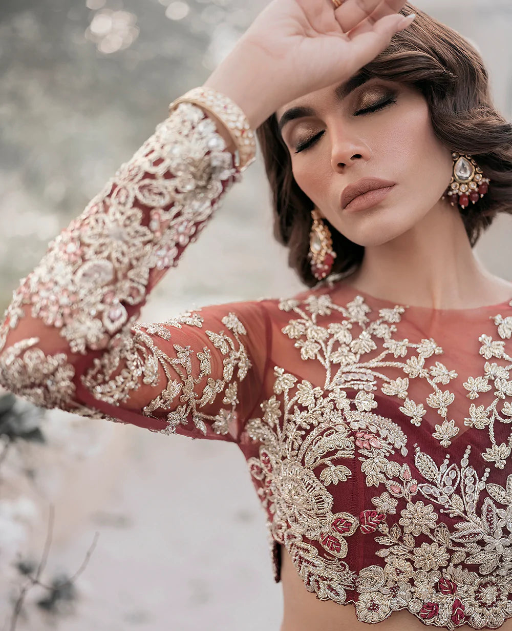 Deep Maroon Embroidered Net Lehenga Choli (3-Piece) - Image 6