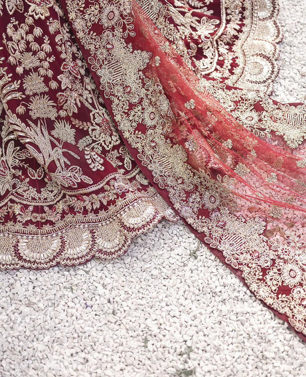 Deep Maroon Embroidered Net Lehenga Choli (3-Piece) - Image 7