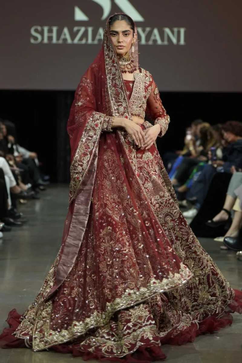 Deep Maroon Embroidered Net Bridal Lehenga (3-Piece) - Image 1