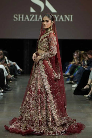 Deep Maroon Embroidered Net Bridal Lehenga (3-Piece) - Image 3