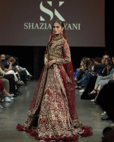 Deep Maroon Embroidered Net Bridal Lehenga (3-Piece) - Image 4