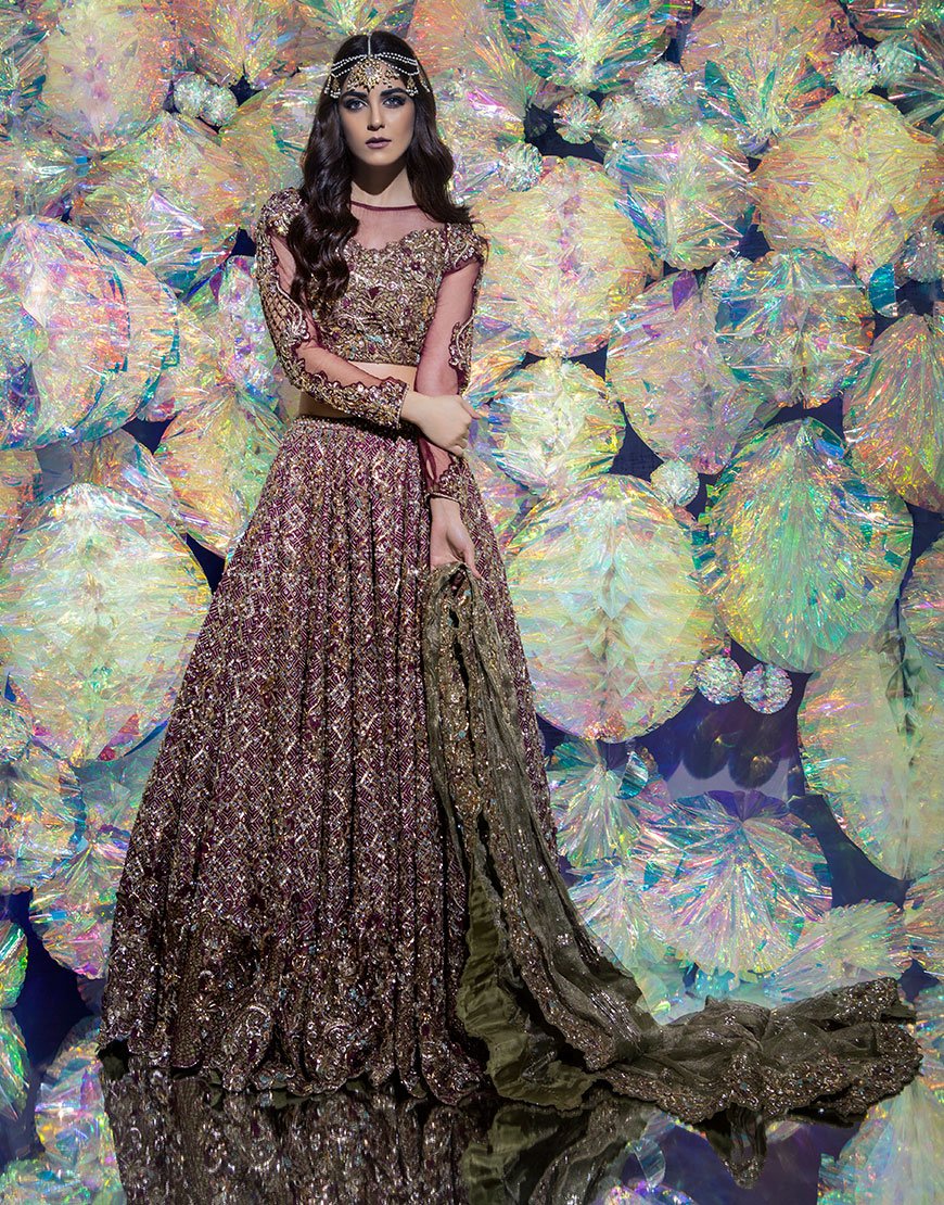 Deep Plum Embellished Net & Organza Lehnga Choli (3-Piece) - Image 1