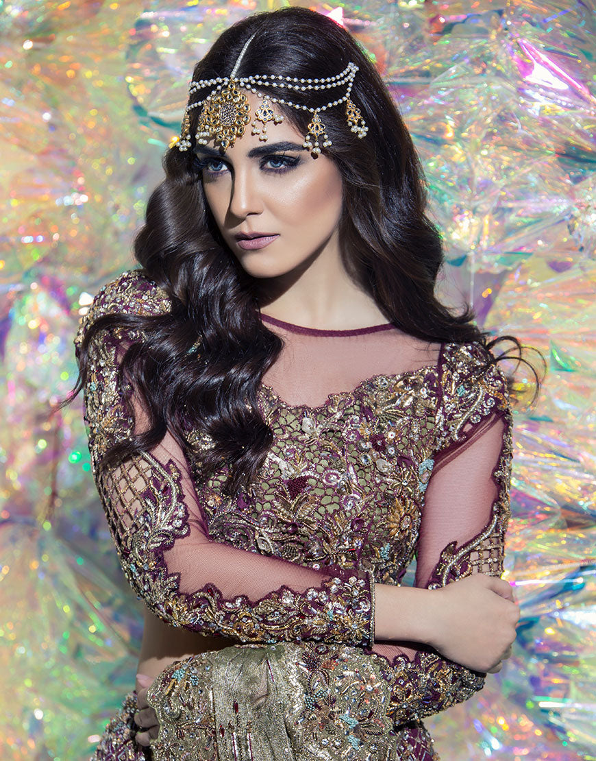 Deep Plum Embellished Net & Organza Lehnga Choli (3-Piece) - Image 2