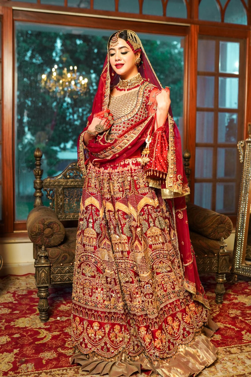 Pakistani Maroon Mughal Embroidered Organza Bridal Lehenga (3-Piece) - Image 1