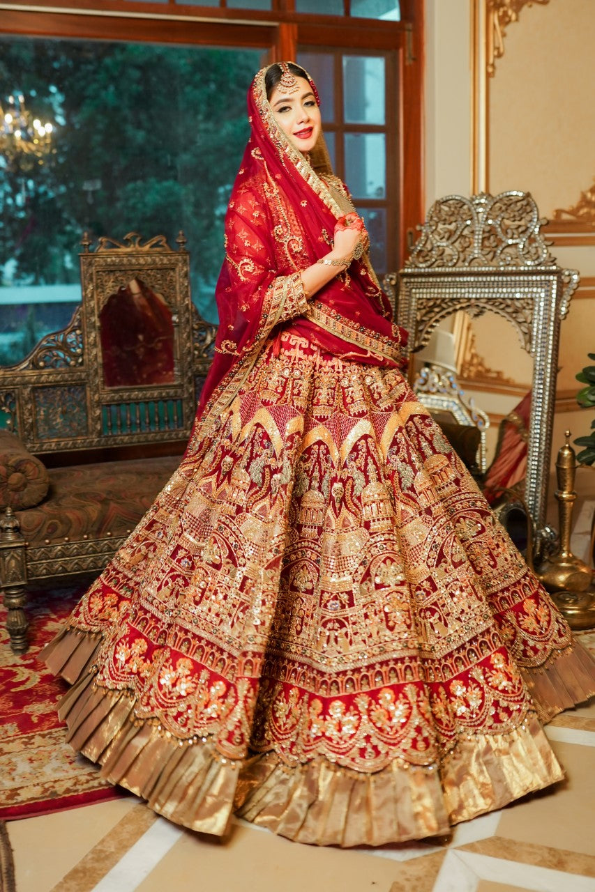 Pakistani Maroon Mughal Embroidered Organza Bridal Lehenga (3-Piece) - Image 3
