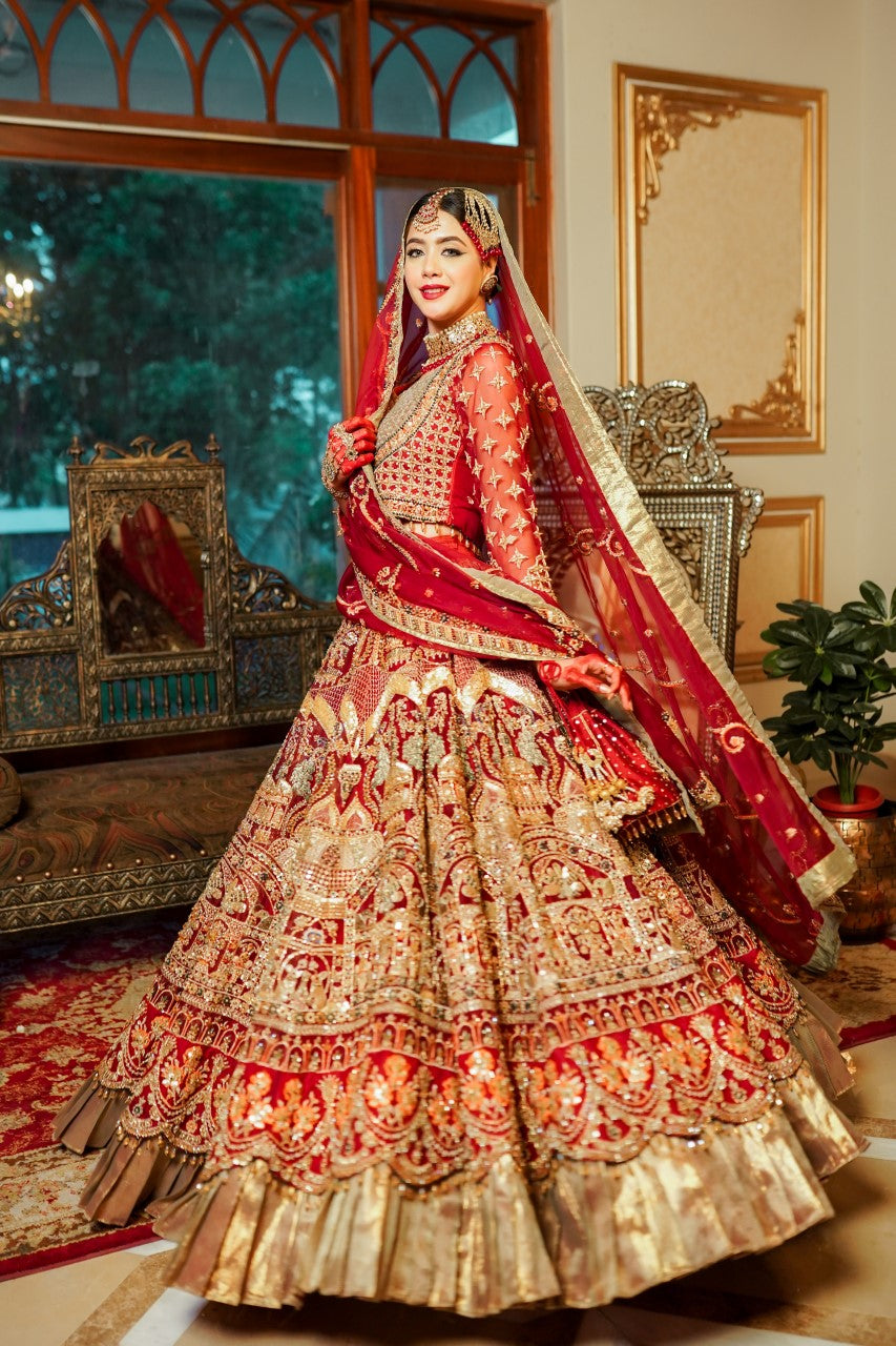 Pakistani Maroon Mughal Embroidered Organza Bridal Lehenga (3-Piece) - Image 4