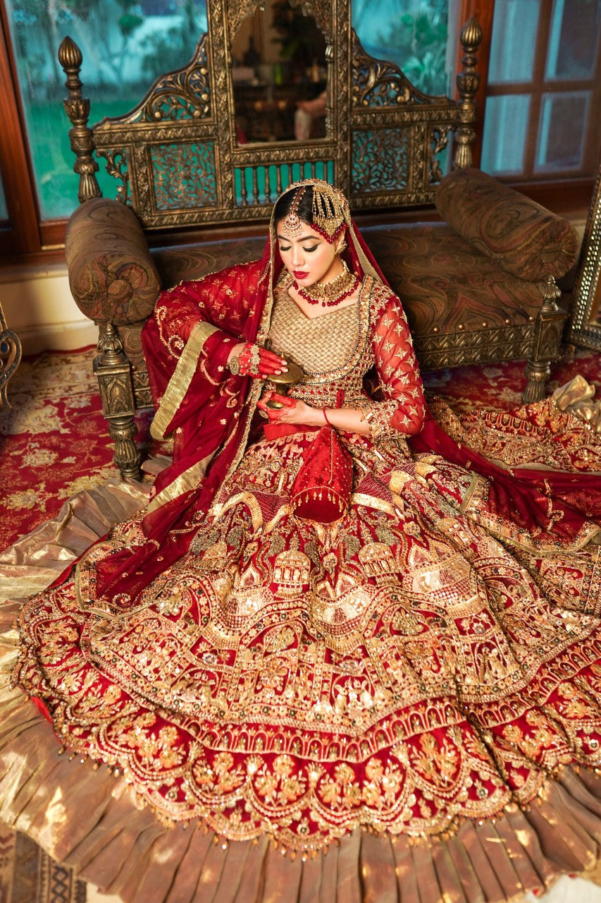Pakistani Maroon Mughal Embroidered Organza Bridal Lehenga (3-Piece) - Image 5