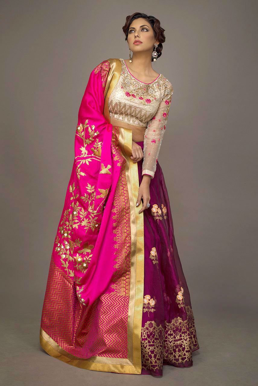 Deep Plum Embroidered Organza Lehenga (3-Piece) - Image 1