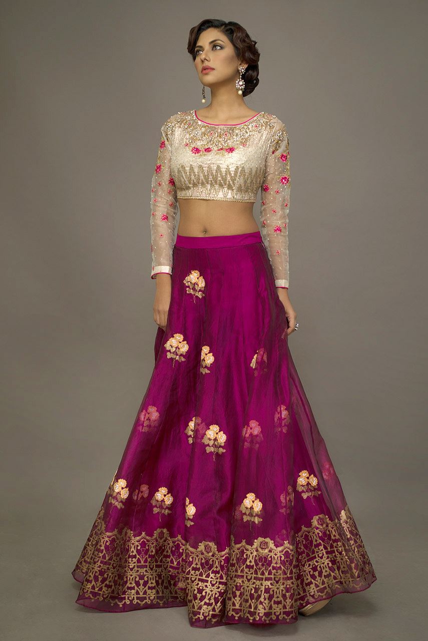 Deep Plum Embroidered Organza Lehenga (3-Piece) - Image 2