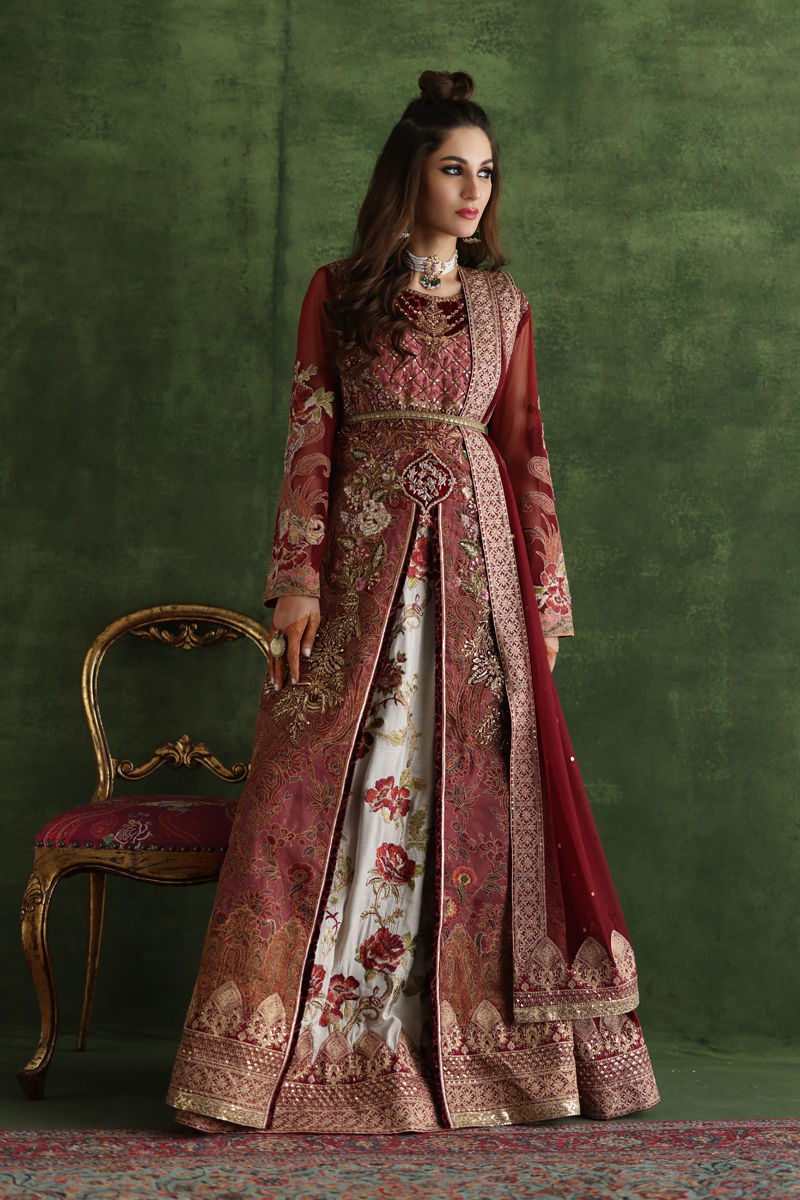 Pakistani Maroon Zardozi Organza Silk Bridal Lehenga (3-Piece) - Image 2